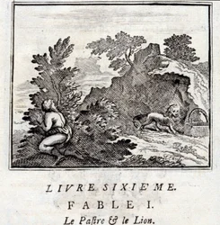 Patra ja leijona. Jean de La Fontainen (1621-95) sadut. Kuvitus: François Chauveau (1613-1676). Painos vuodelta 1728.