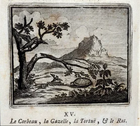Korppi, gaselli, kilpikonna ja rotta. Jean de La Fontainen (1621-95) faabeleita. Kuvitus François Chauveau (1613-1676). Vuoden 1728 painos.