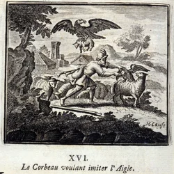 Korppi haluaa matkia kotkaa. Jean de La Fontainen (1621-95) sadut. Kuvitus: François Chauveau (1613-1676). Painos vuodelta 1728.