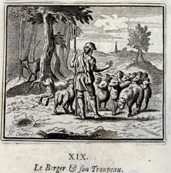 Paimen ja hänen laumansa. Jean de La Fontainen (1621-95) sadut. Kuvitus: François Chauveau (1613-1676). Painos vuodelta 1728.
