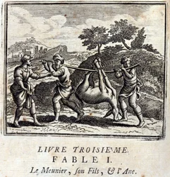 Sucker hänen poikansa ja aasi. Jean de La Fontainen (1621-95) sadut. Kuvitus: François Chauveau (1613-1676). Painos vuodelta 1728.