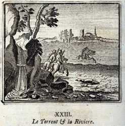 Torrent ja Riviere. Jean de La Fontainen (1621-95) sadut. Kuvitus: Francois Chauveau (1613-1676). Painos vuodelta 1728.