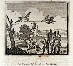 Kilpikonna ja kaksi ankkaa. Jean de La Fontainen (1621-95) sadut. Kuvitus: François Chauveau (1613-1676). Painos vuodelta 1728.