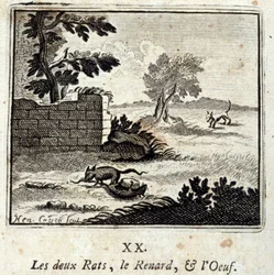 Kaksi rottaa, kettu ja muna. Jean de La Fontainen (1621-95) eläinsatuja. François Chauveaun (1613-1676) kuvitus. Vuoden 1728 painos.