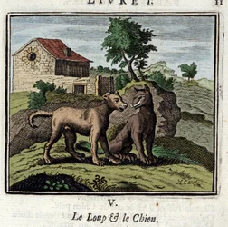 Susi ja koira. Jean de La Fontainen (1621-1695) satuja. Kuvitus: Francois Chauveau (1613-1676). Painos vuodelta 1728.
