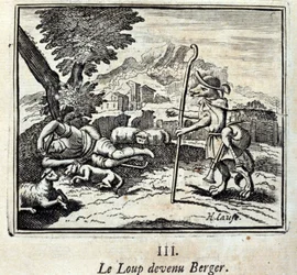 Sudesta tuli Berger.Fables Jean de La Fontainen (1621-95). Kuvitus: François Chauveau (1613-1676). Painos vuodelta 1728.