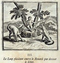Susi vetoaa Kettua vastaan Apinan edessä. Jean de La Fontainen (1621-95) sadut. Kuvitus: François Chauveau (1613-1676). Painos vuodelta 1728.