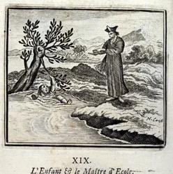 Lapsi ja koulun mestari. Jean de La Fontainen (1621-95) sadut. Kuvitus: François Chauveau (1613-1676). Painos vuodelta 1728.