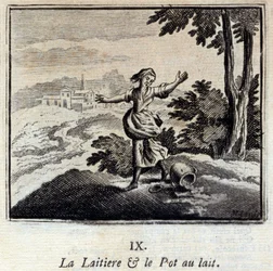 Meijeri ja maitopurkki. Jean de La Fontainen (1621-95) sadut. Kuvitus: François Chauveau (1613-1676). Painos vuodelta 1728.