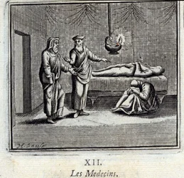 Lääkärit. Jean de La Fontainen (1621-95) sadut. Kuvitus: François Chauveau (1613-1676). Painos vuodelta 1728.