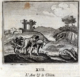 Aasi ja koira. Jean de La Fontainen (1621-95) faabeleita. François Chauveaun (1613-1676) kuvitus. Vuoden 1728 painos.