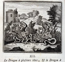 Lohikäärmeellä on useita päitä ja lohikäärmeellä on useita häntiä. Jean de La Fontainen (1621-95) faabelit. François Chauveaun (1613-1676) kuvitus. Vuoden 1728 painos.