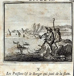 Kala ja paimen soittavat huilua. Jean de La Fontainen (1621-95) sadut. Kuvitus: François Chauveau (1613-1676). Painos vuodelta 1728.