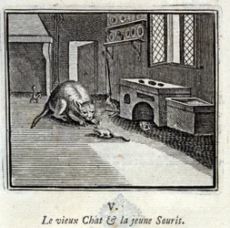 Vanha kissa ja nuori hiiri. Jean de La Fontainen (1621-95) sadut. Kuvitus: François Chauveau (1613-1676). Painos vuodelta 1728.