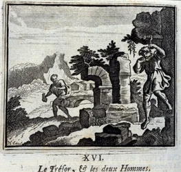 Valtionpetturi ja kaksi miestä. Jean de La Fontainen (1621-95) sadut. Kuvitus: François Chauveau (1613-1676). Painos vuodelta 1728.