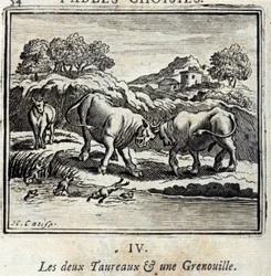 Kaksi härkää ja sammakko. Jean de La Fontainen (1621-95) sadut. Kuvitus: Francois Chauveau (1613-1676). Painos vuodelta 1728.