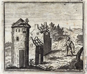 Kaksi kyyhkystä. Jean de La Fontainen (1621-95) sadut. Kuvitus: Francois Chauveau (1613-1676). Painos vuodelta 1728.