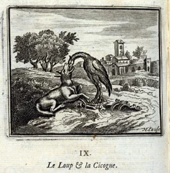 Susi ja haikara. Jean de La Fontainen (1621-95) sadut. Kuvitus: François Chauveau (1613-1676). Painos vuodelta 1728.