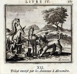 Eläinten lähettämä kunnianosoitus Aleksanterille. Jean de La Fontainen (1621-95) sadut. Kuvitus: François Chauveau (1613-1676). Painos vuodelta 1728.