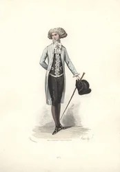 Tyylikäs mies raidallisessa takissa, Marie Antoinetten aikakausi.