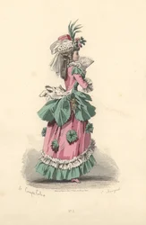Muodikas nainen mekossa, jossa ruusukkeet, Marie Antoinette aikakausi