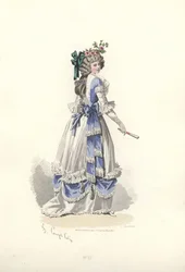 Nainen mekossa, jossa on nauharöyhelöitä, Marie Antoinetten aikakausi.