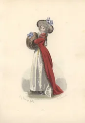 Nainen, jolla on suuri turkismuhvi, Marie Antoinetten aikakausi.
