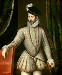 Muotokuva Ranskan kuninkaan Kaarle IX:n (1550 - 1574) jalassa. Yksityiskohta. Francois Clouetin (1515-1572) maalaus