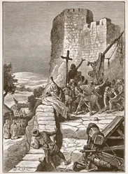 Ristiretkeläisten kulkue Jerusalemin muurien ympärillä, kuvitus teoksesta 