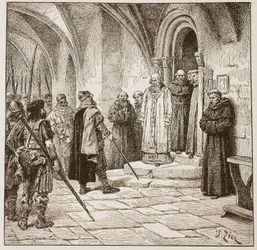 Swein vaatii lunnaita, kuvitus teoksesta "The Church of England: A History for the People", kirjoittanut H.D.M. Spence-Jones, pubi. n. 1910 (seepiavalokuva)