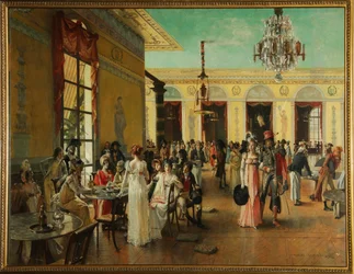 Cafe Frascati (Pariisi, Ranska), kohtaus Napoleonin ajalta (loppu 18.-1815) - Francois Flamengin (1856-1923) maalaus, öljy puulle