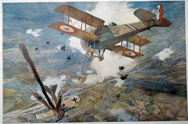 Ensimmäinen maailmansota: "Ilmataistelu". Viholliskone putoaa liekeissä. 1918, yksityiskokoelma