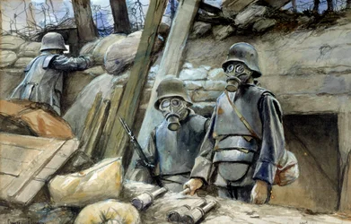 Ensimmäinen maailmansota: "Saksalaisia sotilaita yllään juoksuhaarniska ja kaasunaamari, elokuu 1917". François Flameng (1856-1923). Mitat: 0,3 x 0,48 m. Pariisi, Musée de l