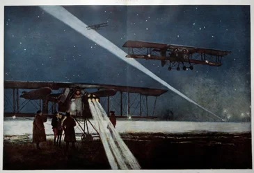 Ensimmäinen maailmansota: “” lähteä laivueesta “” Naapurit” yöpommitukseen vuonna 1918”” Francois Flamengin (1856-1923) akvarellimaalaus 1918 Yksityinen kokoelma