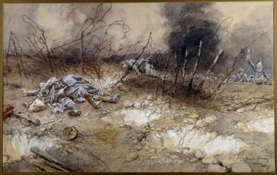 Ensimmäinen maailmansota: kohtaus La Craonnen taistelusta 5/04/1917. Jalkaväkimiesten ruumiita makaa piikkilangan keskellä. François Flamengin (1856-1923) akvarelli. Mitat: 0,3x0,56 m. Pariisi, Musée de l