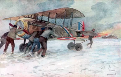 Maahenkilöstö huoltamassa ranskalaista SPAD-konetta lumisella kentällä, 1918, 1926.