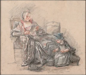 Nainen lukemassa ja tyttö näyttelemässä Marquise de Pompadouria tyttärensä Alexandrinen kanssa, noin 1748