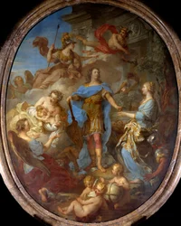 Kuningas Ludvig XV (1710-1774) antoi rauhan Euroopalle Allegorielle Sevillan sopimuksen aikaan, jumalatar Minerva on edustettuna. François le Moynen (1688-1737) maalaus 1729 su. 3,82x2,95 m.
