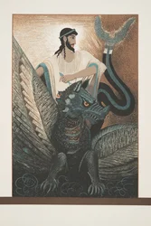 Odysseus ja lohikäärme Aiskhyloksen teoksesta Prometheus kahleissa, julkaisu. 1941 (sabluunapainatus)
