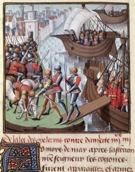 Seitsemäs ristiretki: Saint Louisin johtama risteilylaivasto Damiettesta vuonna 1249. Miniatyyri otettu käsikirjoituksesta "Le Mirror historial de Vincent de Beauvais", mestari Francoisin osa III (1400-luku). Fol.418r. Musee Conde, Chantilly