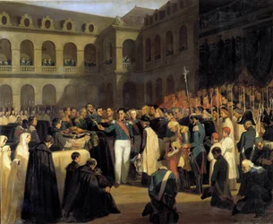 Fieschin hyökkäyksen uhrien hautajaiset 5.8.1835 kuningas Louis-Philippen läsnäollessa Giuseppe Fieschin (korsikan salaliittolainen) hyökkäys tapahtui 28. heinäkuuta 1835 Ranskan kuningasta Louis-Philippe I:tä vastaan, Boulevard du Temppeli Pariisissa. P