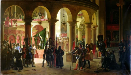 Godfrey of Bouillon (n. 1060-1100) tallettaa Askalonin palkinnot Pyhän haudan kirkkoon, elokuu 1099, 1839