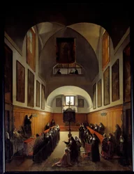 Ottaa nuoren tytön vaatteita Albanosta Rooman St. Clairin luostarin kuorossa. Francois Marius Granet