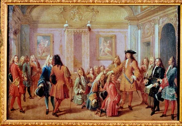 Kuningas Ludvig XIV perusti Pyhän Ludvigin ritarikunnan 5. toukokuuta 1693 (maalaus