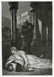 Dona Sol kuolee Hernanin ruumiiseen, 1800-luku (bw-kaiverrus)