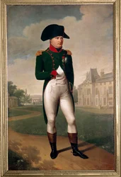 Napoleon Bonaparten (1769-1821) muotokuva Malmaisonin linnan edustalla (pukeutuneena konsuliksi). Rueil-Malmaisonissa (Hauts-de-Seine) vuonna 1804. Maalaus, 1800-luku, Malmaison, Musée du Château - Napoleonin kokovartalokuva