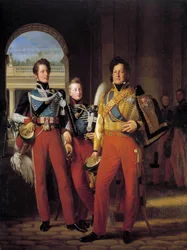 Ludvig Philippe I:n (1773-1850), Orleansin herttuan univormussa Hussardien kenraalien everstin, ja hänen pojistaan: Chartresin herttua ja Nemoursin herttua maalaamassa Louis Hersentiä (1777-1860) jalan muotokuvia. Francois Gerard (1770-1837) 1832. Su 2