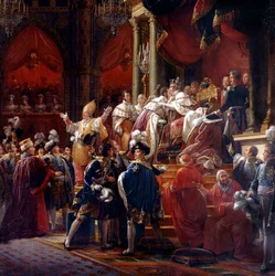 Kuningas Kaarle X:n kruunajaiset 29. toukokuuta 1825 Reimsin katedraalissa, noin 1827 (yksityiskohta)
