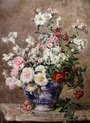 Asetelma anemoneista ja ruusuista sinivalkoisessa maljakossa. Francois Rivoiren (1842-1919) maalaus Yksityiskokoelma.