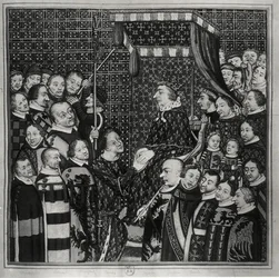 Ludvig II (1337-1410) Klemensin kreivi, osoittaa kunnioitusta Kaarle V:lle (1338-80) kopio 1300-luvun pienoismallista (akvarelli paperille) (mv/w kuva)